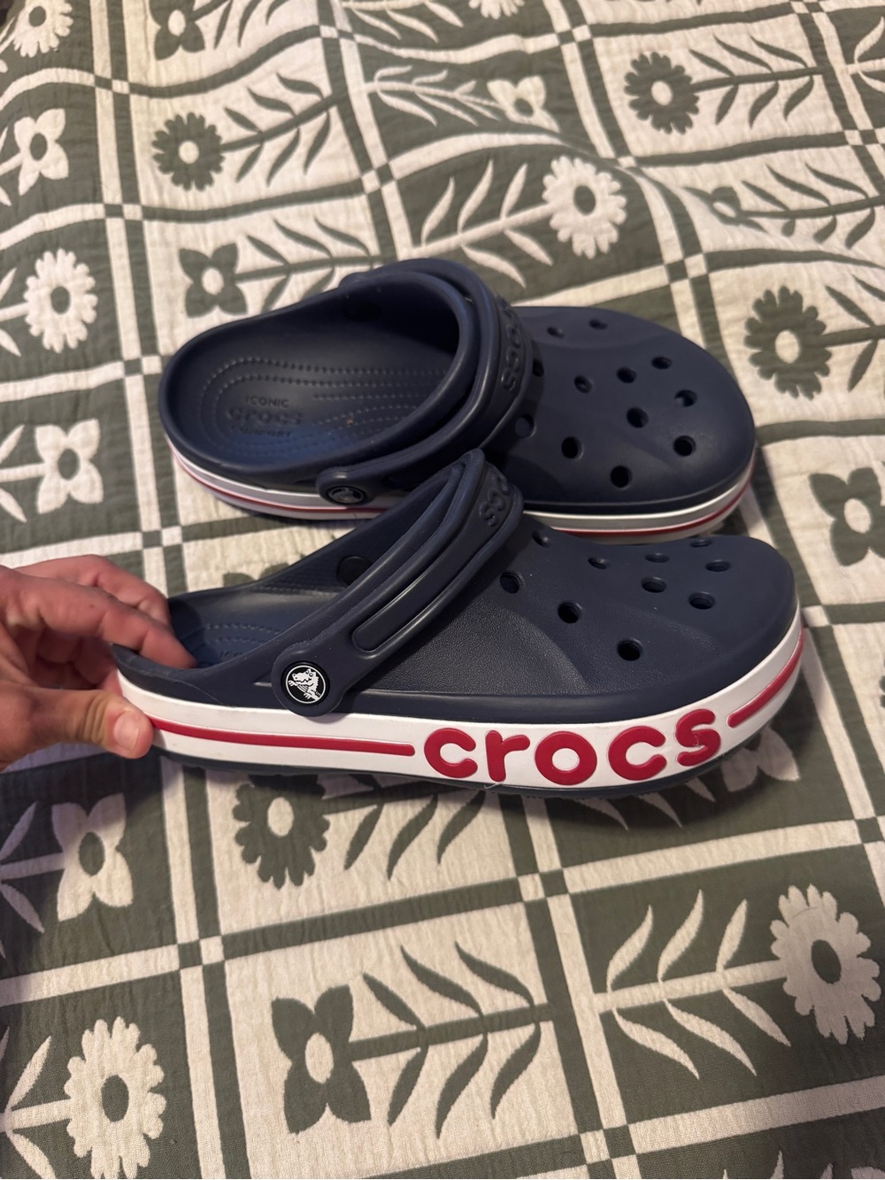 CROCS Navy Clogs with Red Logo Trim